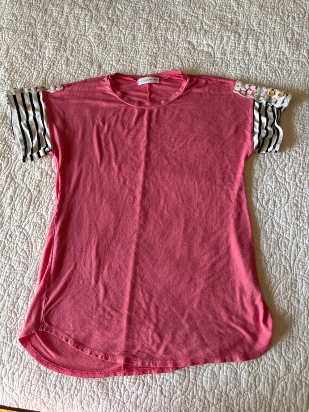 Pink Short Sleeve Tee with Striped Sleeve Detail